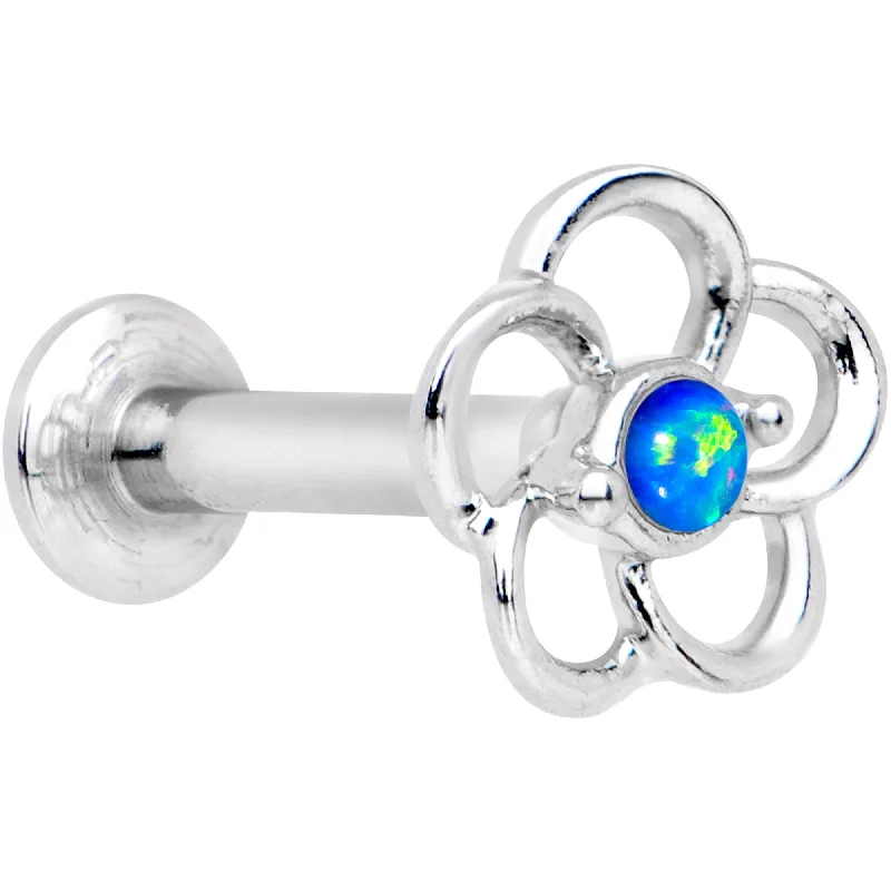 1/4 Blue Faux Opal Internally Threaded Hollow Flower Labret Monroe