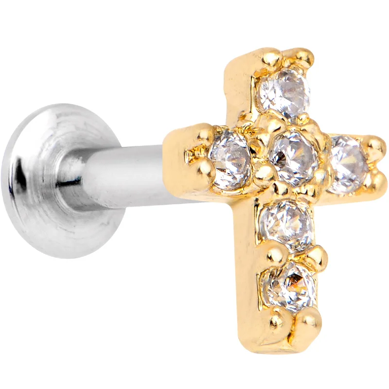 1/4 Clear CZ Internally Threaded Gold Tone Cross Labret Monroe