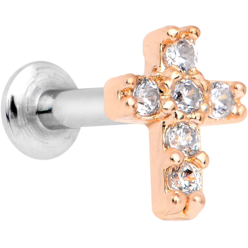 1/4 Clear CZ Internally Threaded Rose Gold Tone Cross Labret Monroe