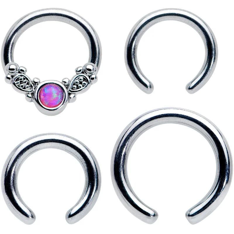 14 16 Gauge 1/4 5/16 Pink Synthetic Opal Ornate Captive Ring Set of 4