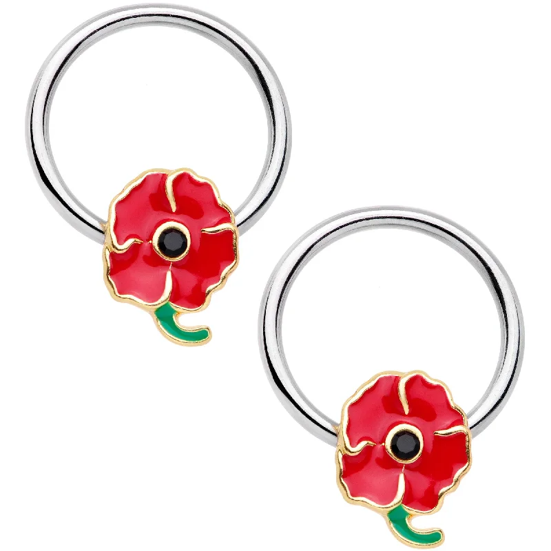 14 Gauge 13mm Powerful Poppy Flower BCR Captive Nipple Ring Set