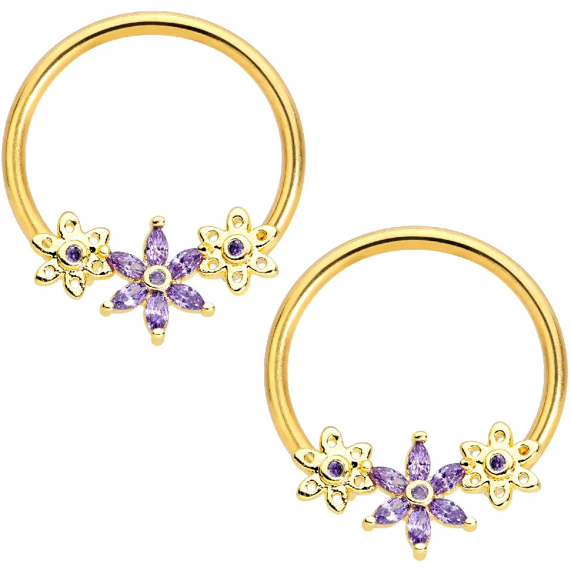 14 Gauge 5/8 Purple CZ Gold Anodized Daisy Flower BCR Nipple Ring Set