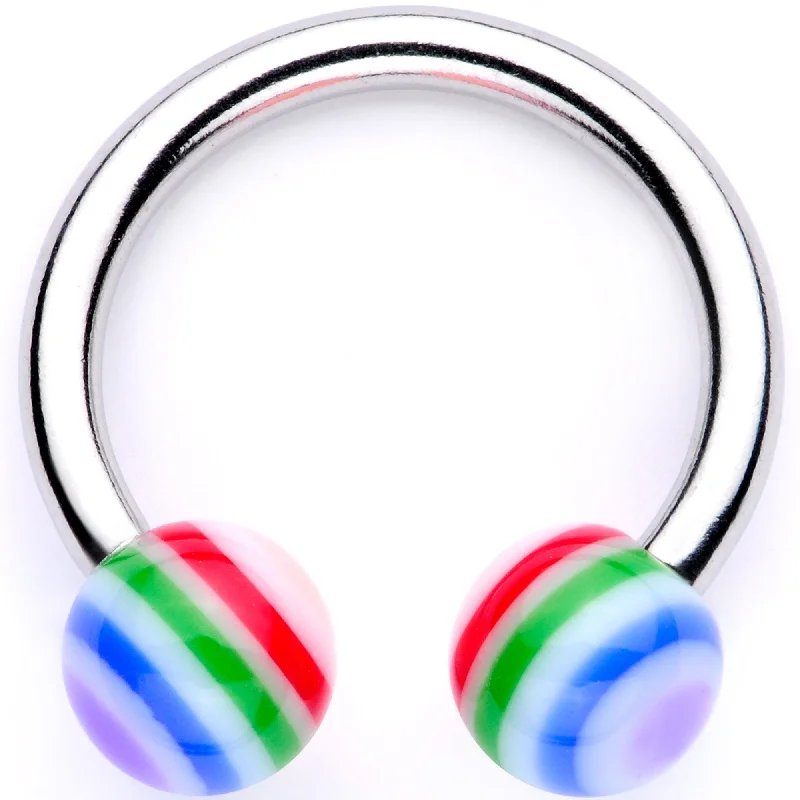 14 Gauge 7/16 Rainbow Stripe Acrylic Ball Horseshoe Circular Barbell