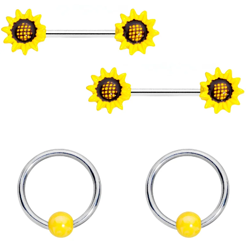 14 Gauge 9/16 1/2 Yellow Sunflower UV BCR Barbell Nipple Ring Set of 4