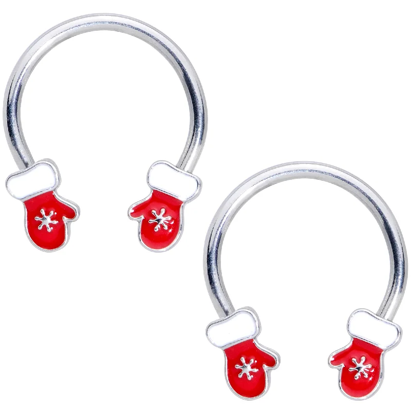 14 Gauge 9/16 Red White Mittens Christmas Horseshoe Nipple Ring Set