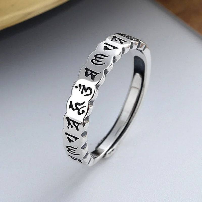 Buddha Stones 925 Sterling Silver Six True Words Calm Wisdom Ring