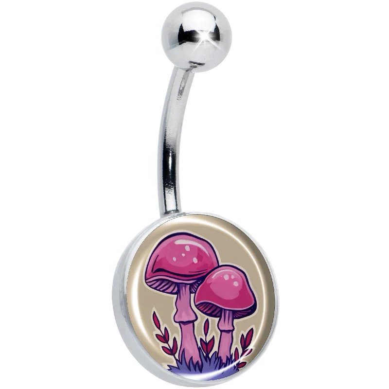 Artist Drawn Pink Mushrooms Belly Ring