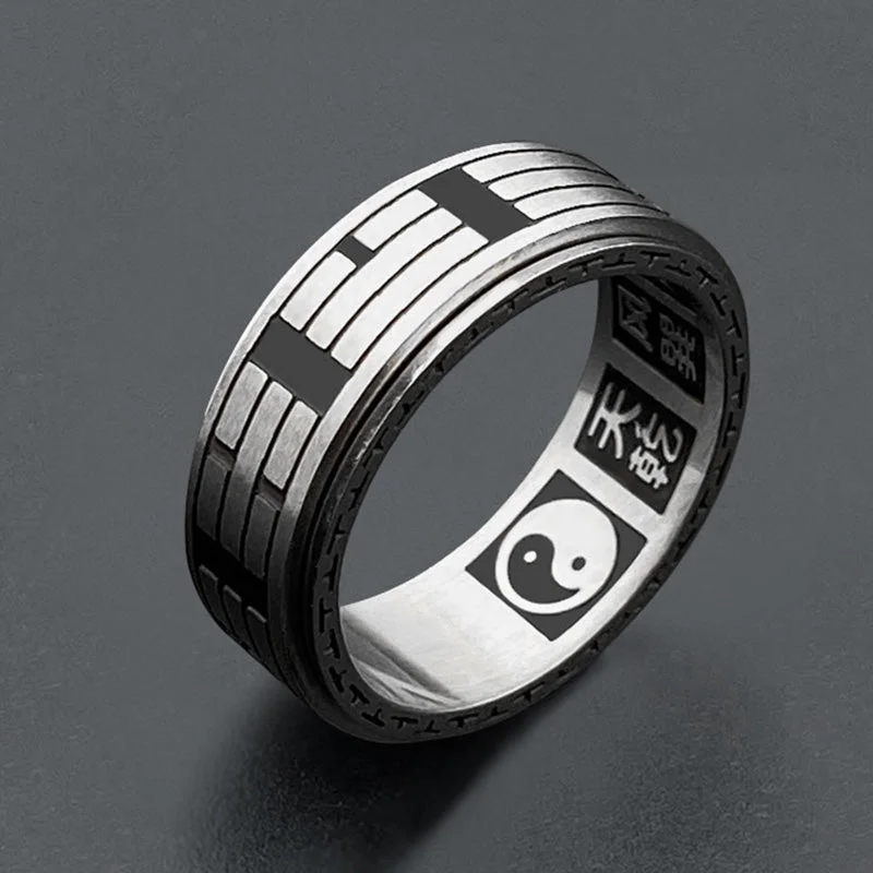 Buddha Stones Bagua Yin Yang Titanium Steel Balance Rotatable Ring