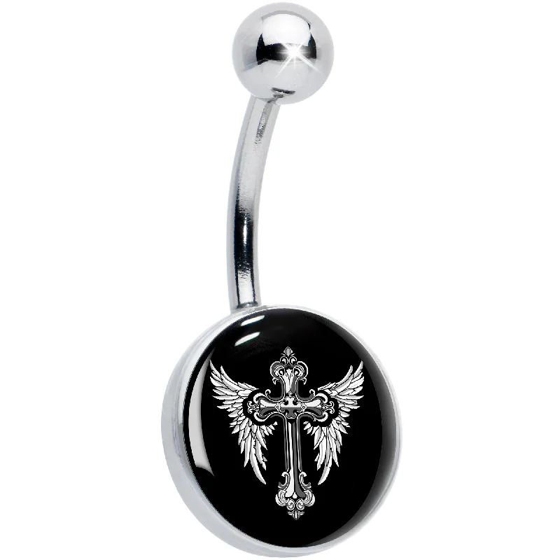 Black White Winged Cross Belly Ring