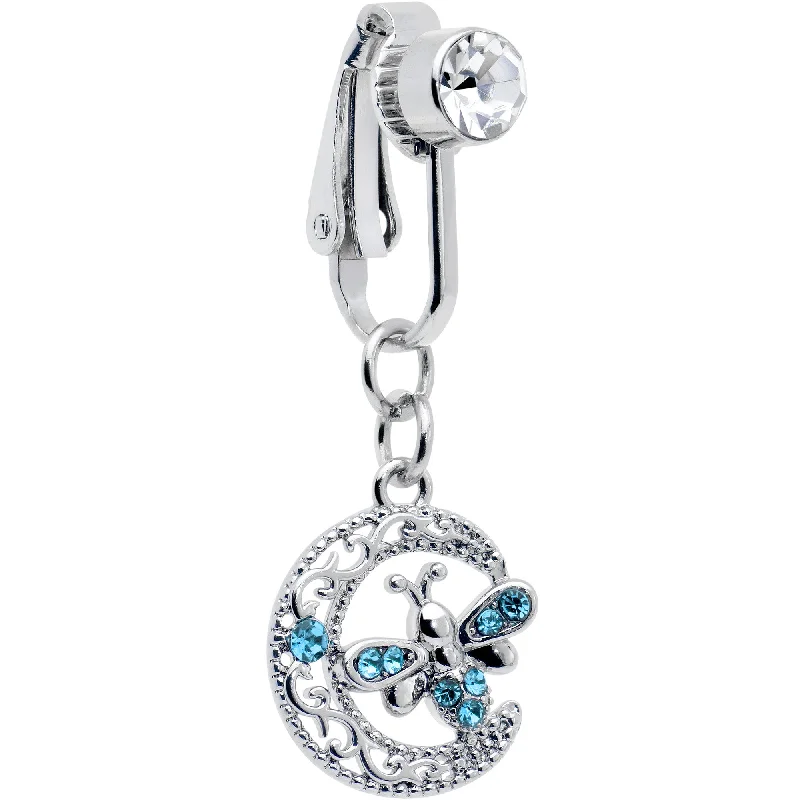 Blue Gem Lunar Dragonfly Fake Clip On Belly Ring