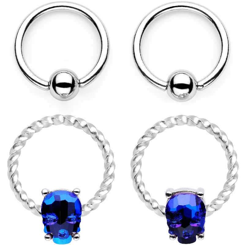 14 Gauge Blue Sugar Skull Mask Twisted BCR Captive Nipple Ring Set