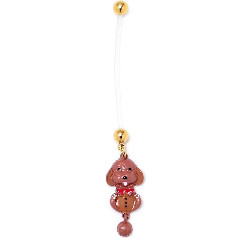 Brown Dog Red Bow Dangle PTFE Pregnancy Belly Ring