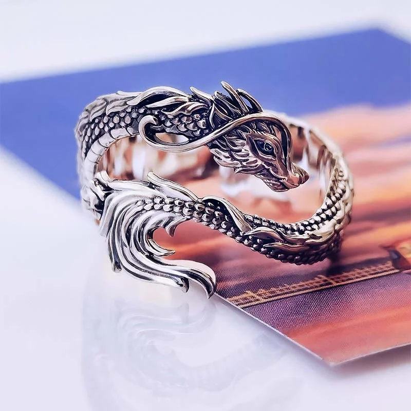 Buddha Stones Vintage Dragon Pattern Protection Ring