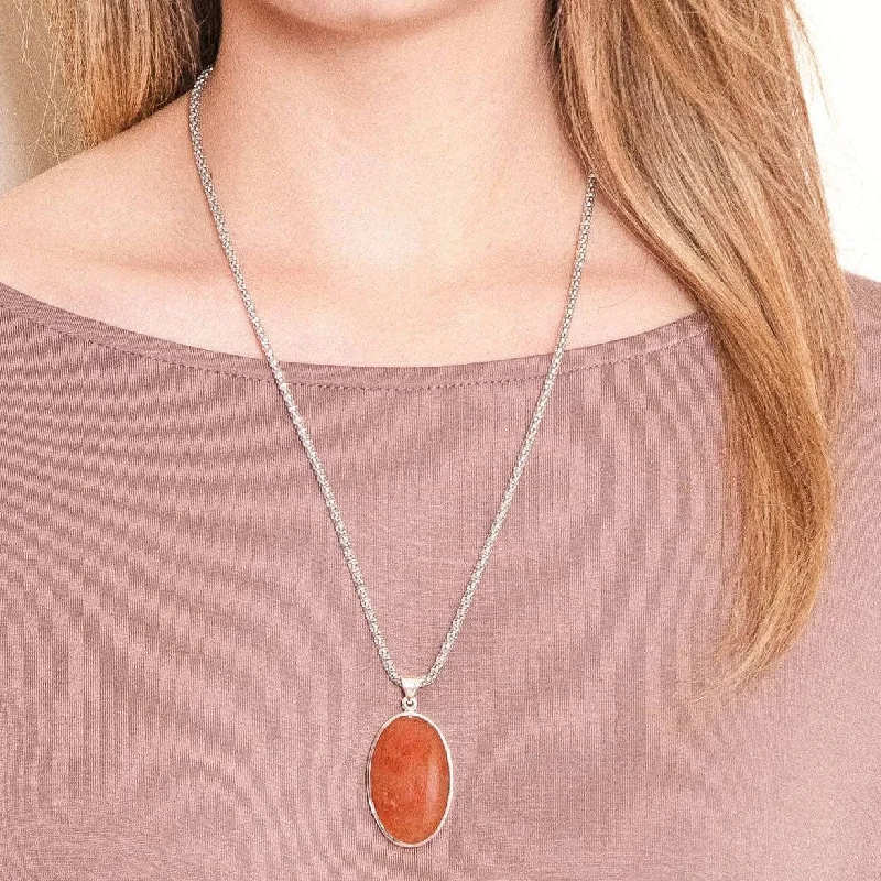 Carnelian Oval Pendant Necklace -24 inch Silver Chain