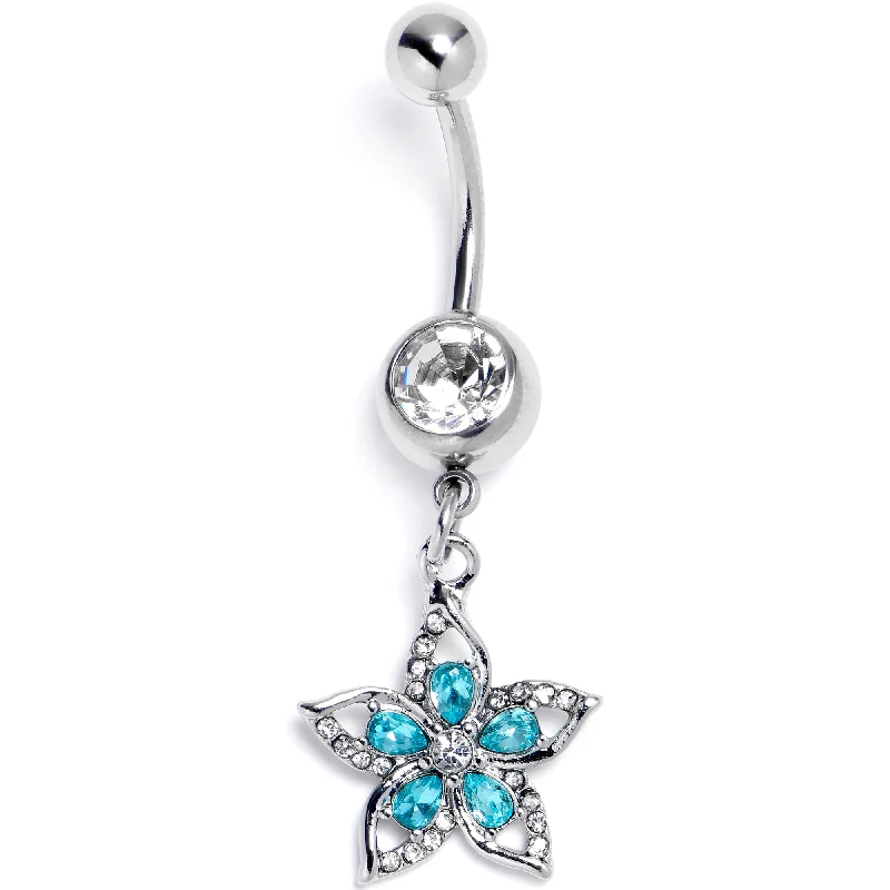 Clear Blue Gem Double Flower Glam Dangle Belly Ring