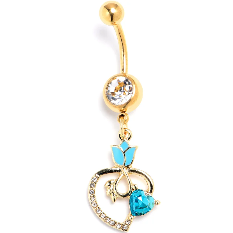 Clear Blue Gem Gold Tone Tulip Heart Flower Dangle Belly Ring