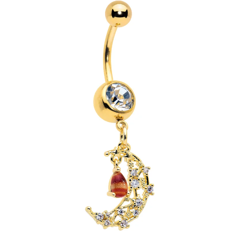 Clear Brown Gem Gold Tone Constellation Moon Dangle Belly Ring