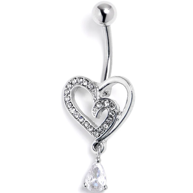 Clear CZ Gem Asymmetrical Heart Dangle Belly Ring