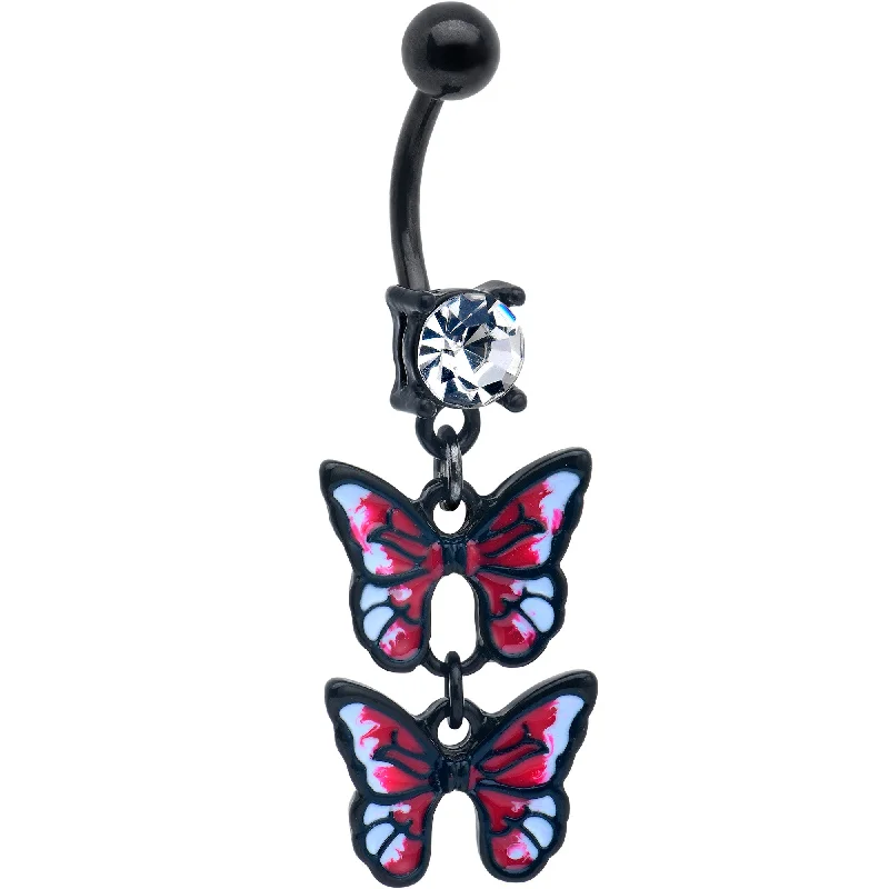 Clear CZ Gem Black Butterfly Duo Red Dangle Belly Ring