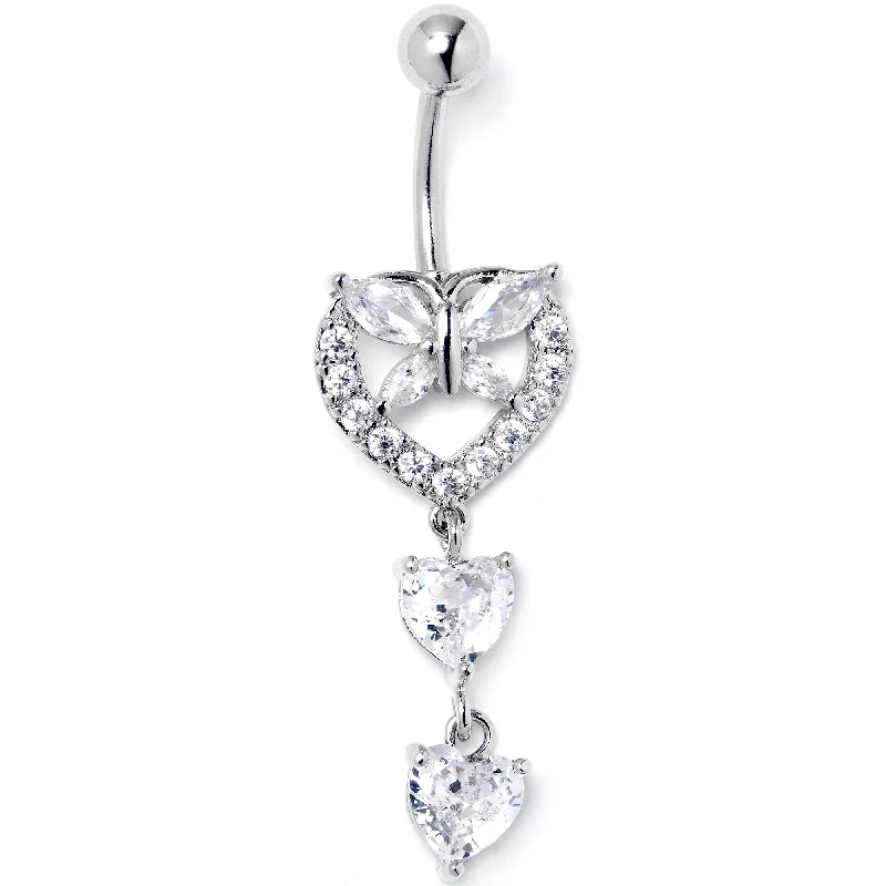 Clear CZ Gem Butterfly Hearts of Love Dangle Belly Ring