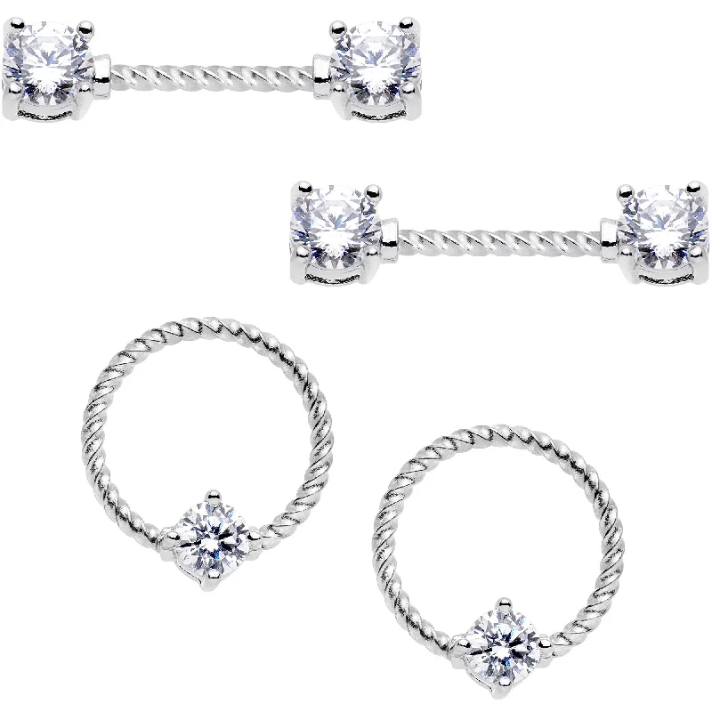 14 Gauge Clear CZ Gem Twisted Captive Ring Barbell Nipple Ring Set