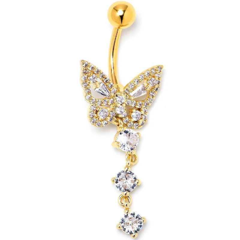 Clear CZ Gem Gold Tone Dramatic Butterfly Dangle Belly Ring