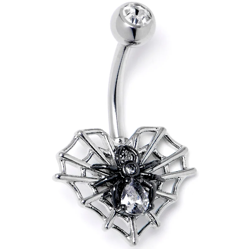 Clear CZ Gem Web Heart Black Spider Belly Ring