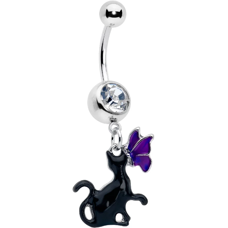 Clear Gem Butterfly Purple Black Cat Dangle Belly Ring