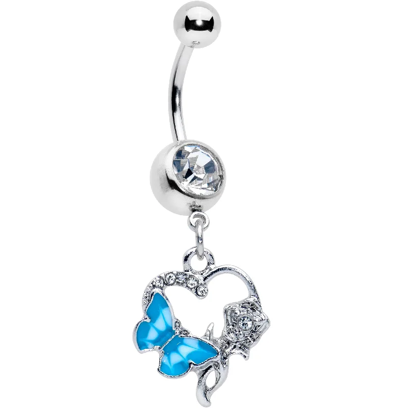 Clear Gem Butterfly Rose Flower Blue Dangle Belly Ring