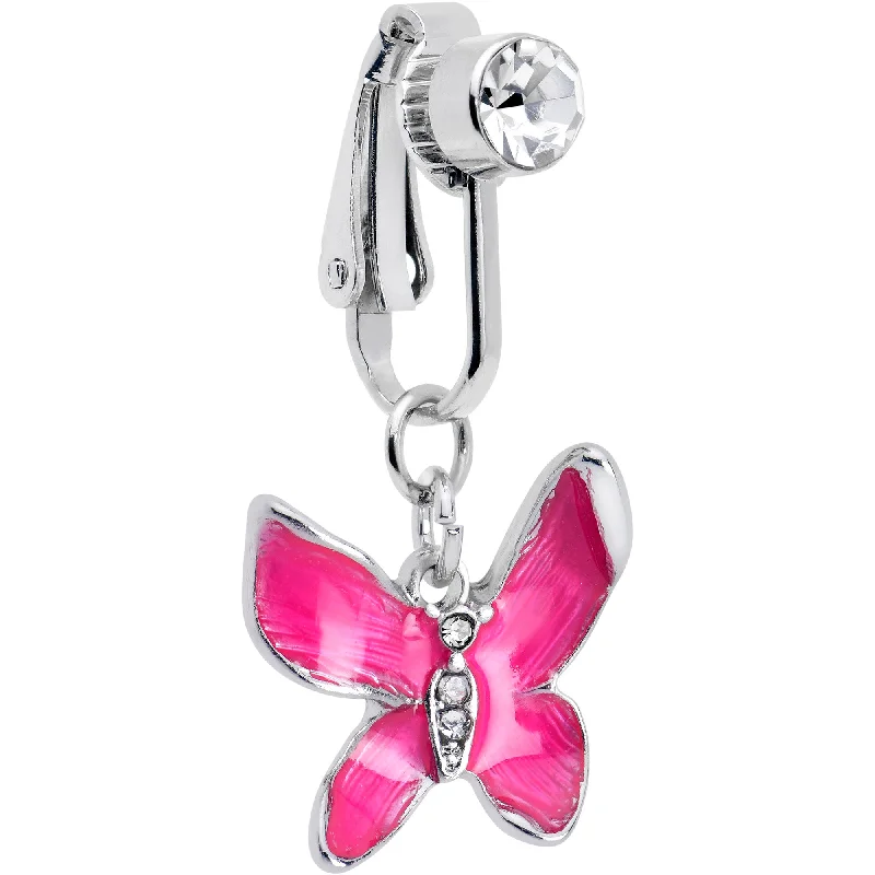 Clear Gem Chunky Butterfly Pink Clip On Fake Belly Ring