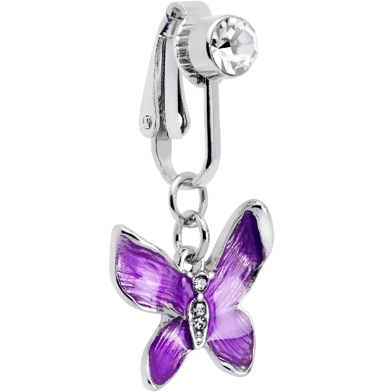 Clear Gem Chunky Butterfly Purple Clip On Fake Belly Ring