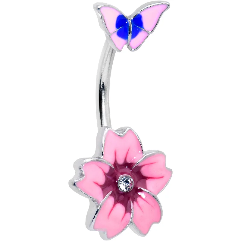 Clear Gem Perfectly Pink Flower Butterfly Double Mount Belly Ring