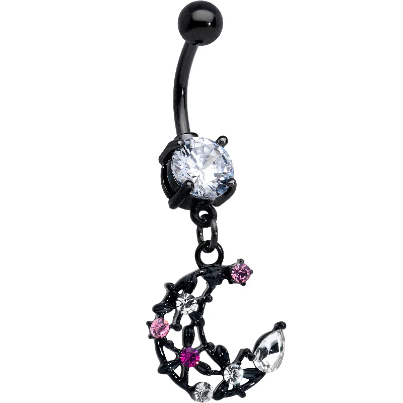 Clear Pink CZ Gem Black Flower Moon Dangle Belly Ring