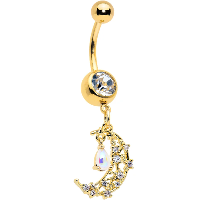 Clear White Gem Gold Tone Constellation Moon Dangle Belly Ring