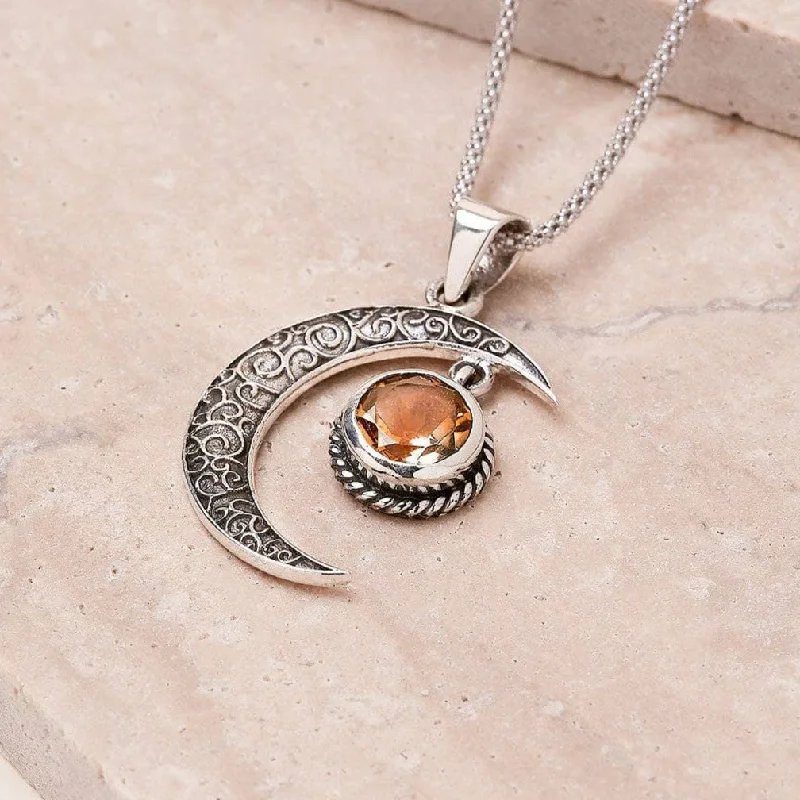 Gemstone Silver Moon Pendant Necklace