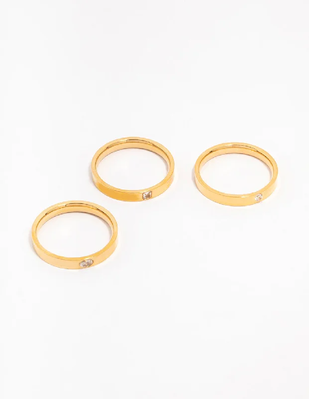 Gold Plated Surgical Steel Cubic Zirconia Stacking Rings 3-Pack