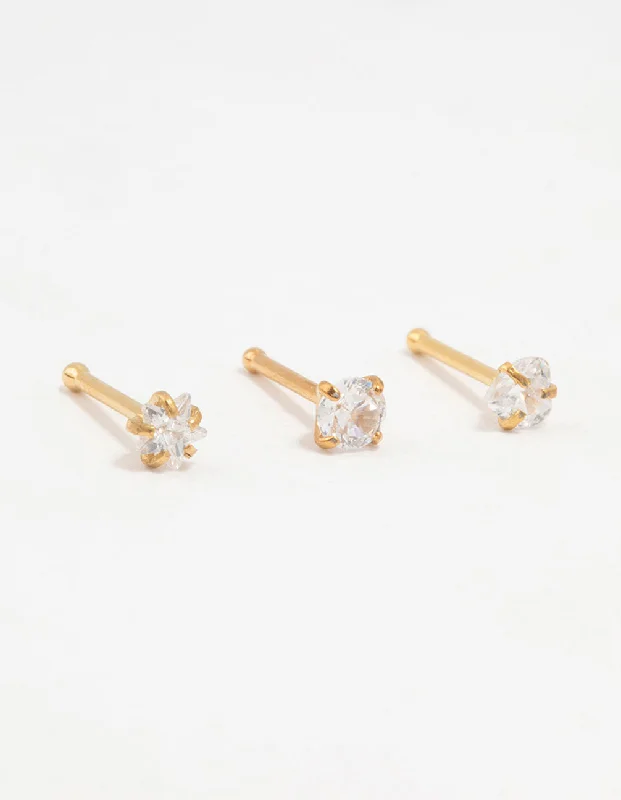 Gold Plated Titanium Graduating Cubic Zirconia Nose Studs 3-Pack