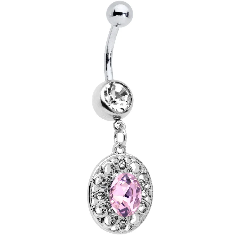 Pink Clear Gem Flower Oval Elegance Dangle Belly Ring