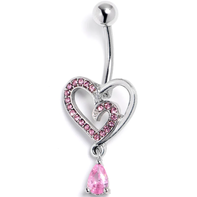 Pink CZ Gem Asymmetrical Heart Dangle Belly Ring