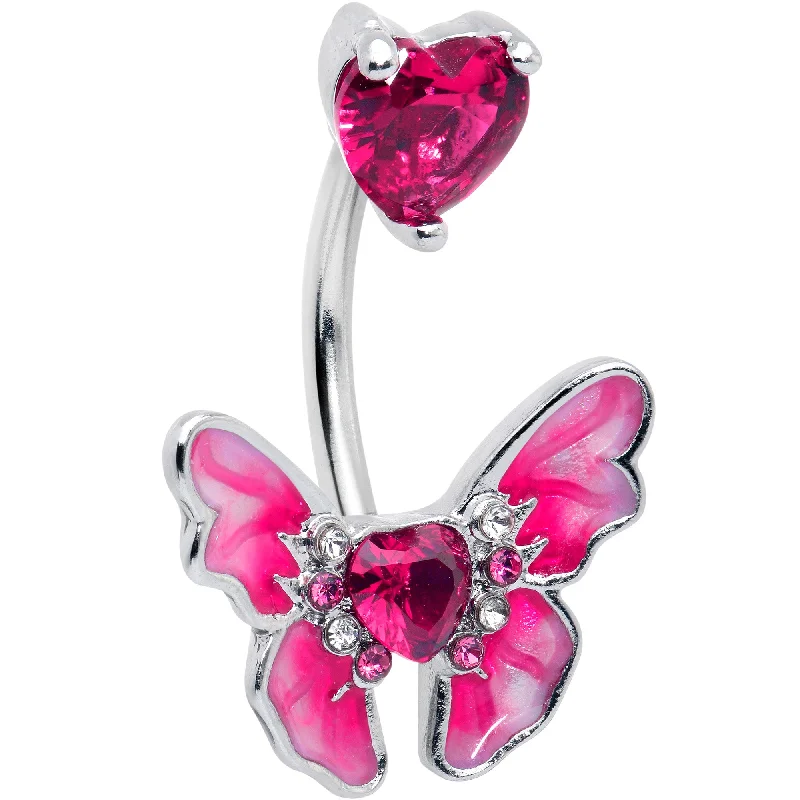 Pink CZ Gem Butterfly Love Heart Double Mount Belly Ring