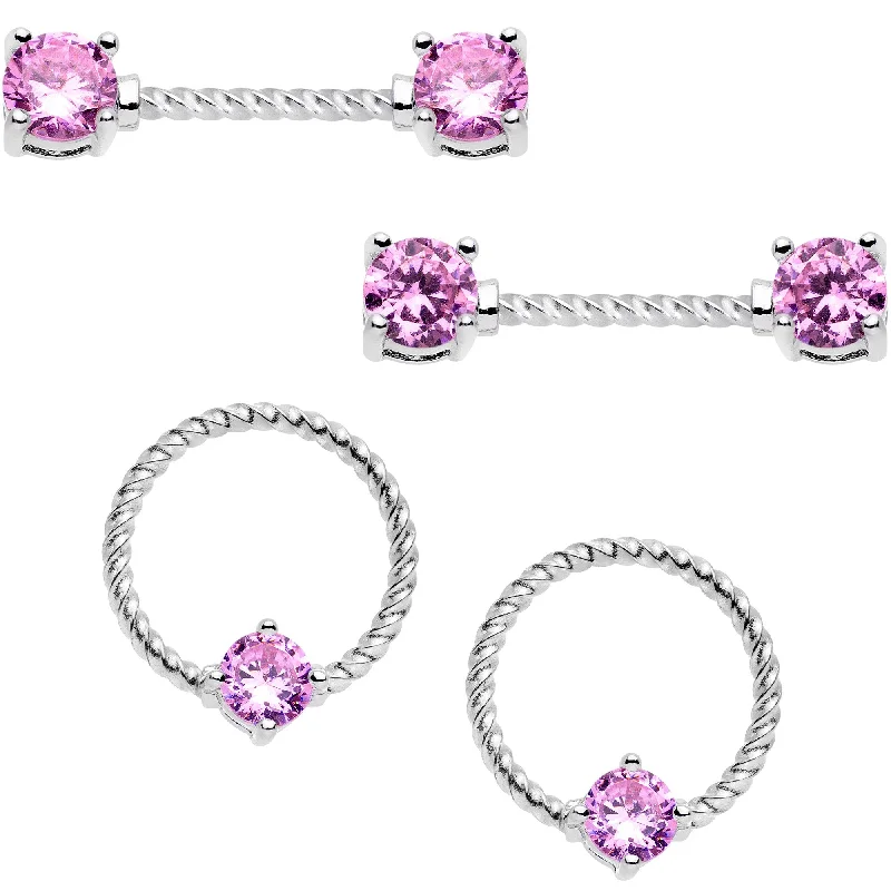 14 Gauge 5/8 Pink CZ Gem Twisted Captive Ring Barbell Nipple Ring Set