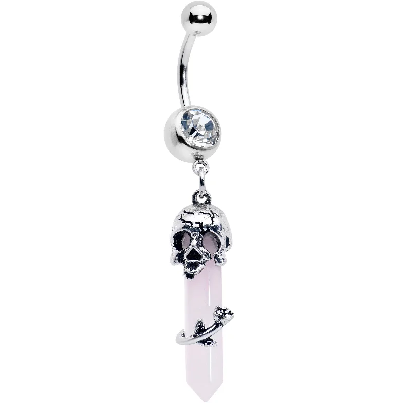 Pink Rose Quartz Skull Obelisk Rose Dangle Belly Ring