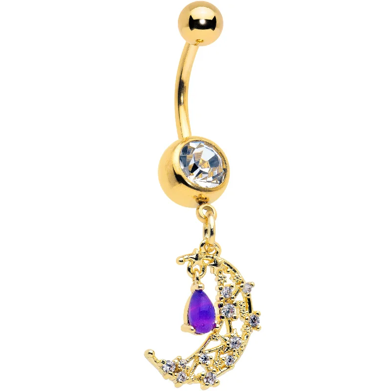 Purple Gem Gold Tone Constellation Moon Dangle Belly Ring