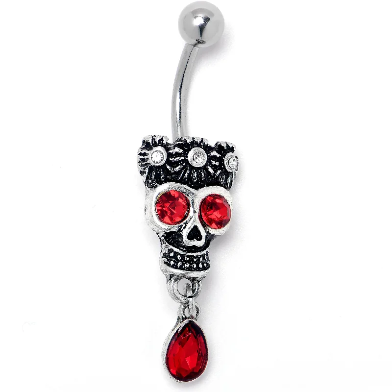 Red Clear CZ Gem Crowned Skull Dangle Belly Ring