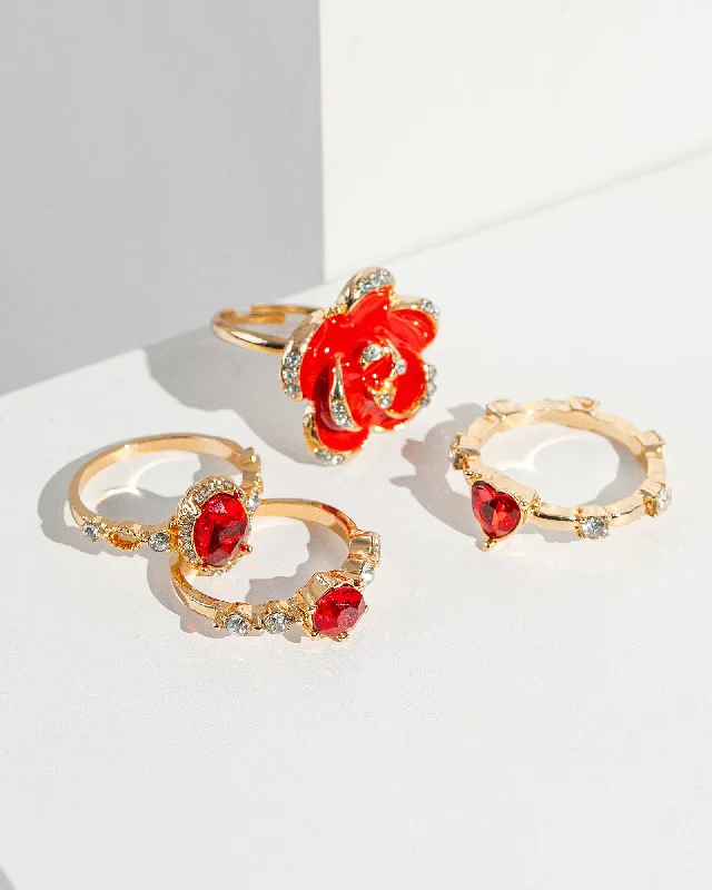 Red Crystal Heart Ring Pack