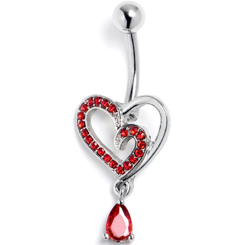 Red CZ Gem Asymmetrical Heart Dangle Belly Ring