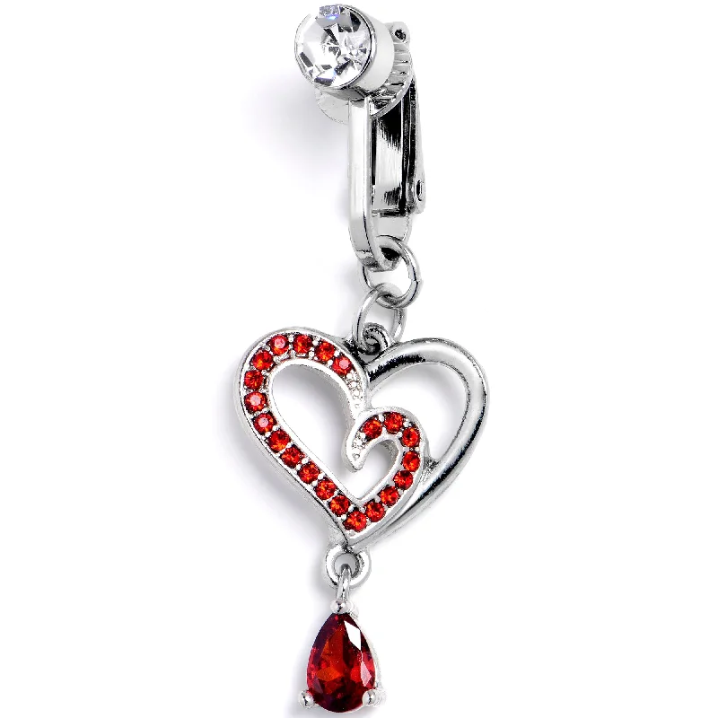 Red CZ Gem Asymmetrical Heart Dangle Clip On Fake Belly Ring