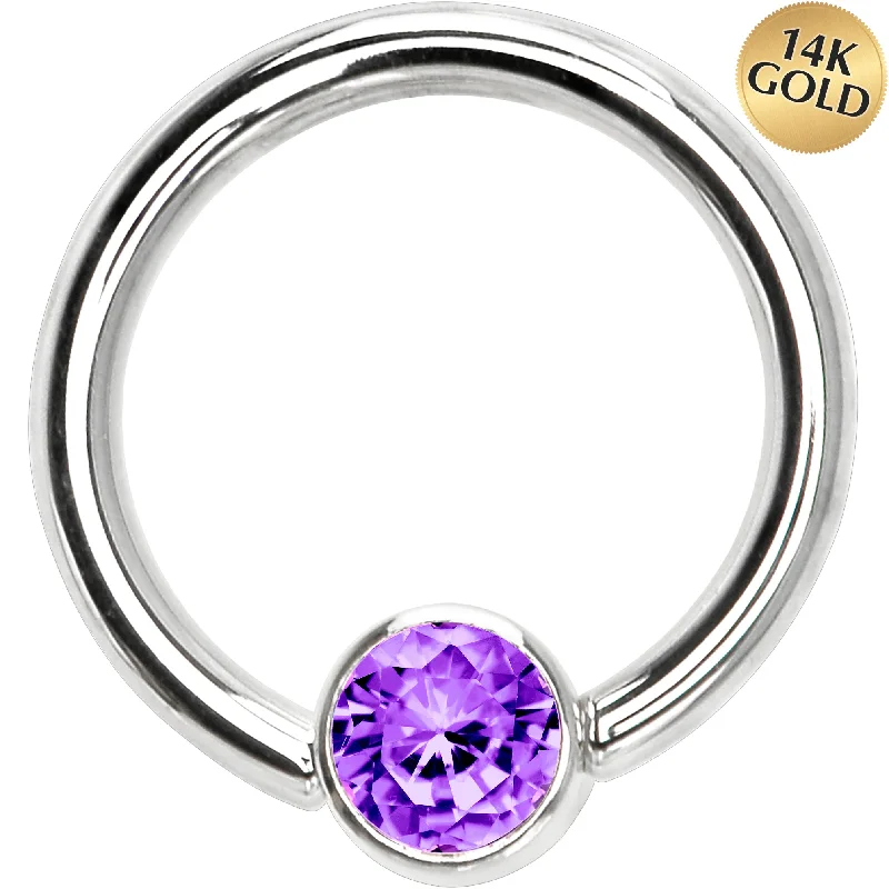 14 Gauge 3/8 Solid 14KT White Gold Purple CZ Gem Captive Ring