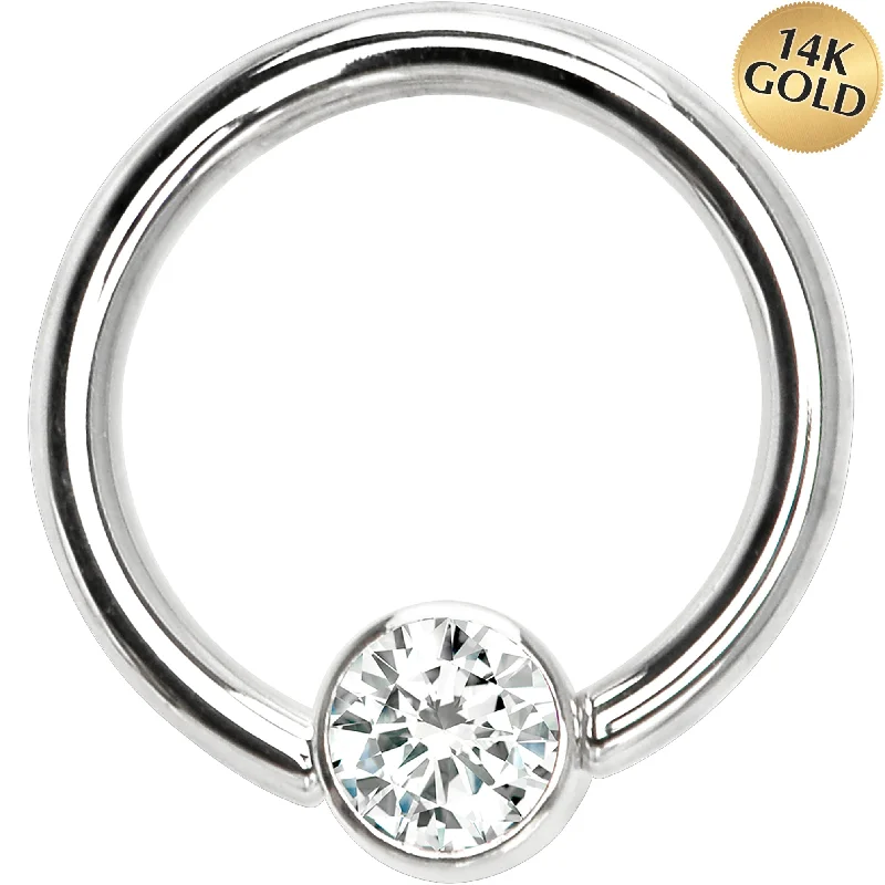 14 Gauge 3/8 Solid 14KT White Gold Clear CZ Gem BCR Captive Ring