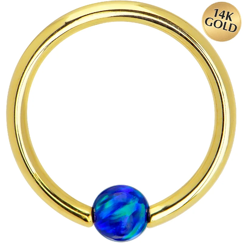 14 Gauge 3/8 Solid 14KT Gold Dark Blue Synthetic Opal Captive Ring